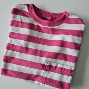 Vintage Lands End Super T Shirt Small Pocket Striped Pink White 90s USA DEFECTS